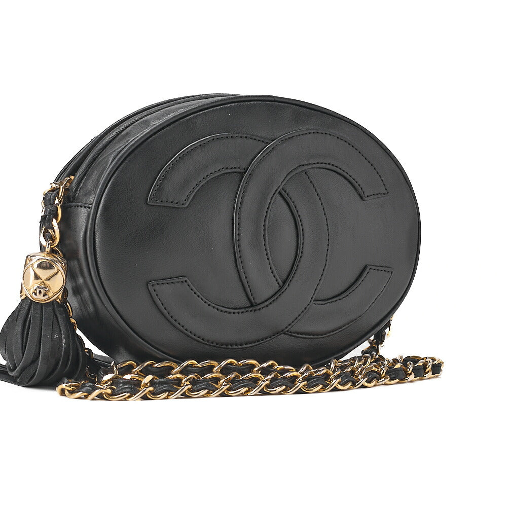 CHANEL Coco Mark Fringe Round Chain Shoulder Lambskin Black Gold-Tone Hardware, Pre-Owned