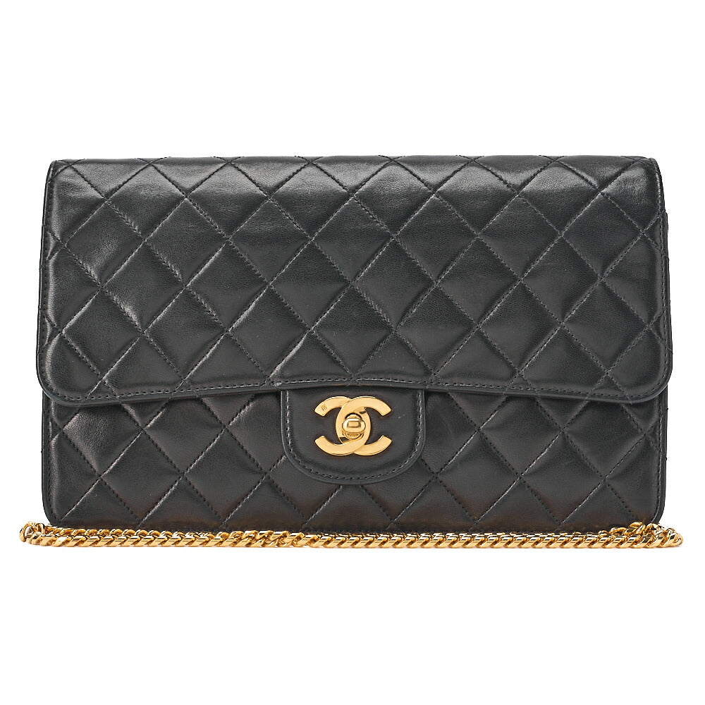 CHANEL Lambskin Matelasse 25cm Single Flap Grain Chain Shoulder Black Gold-Tone Hardware, Pre-Owned