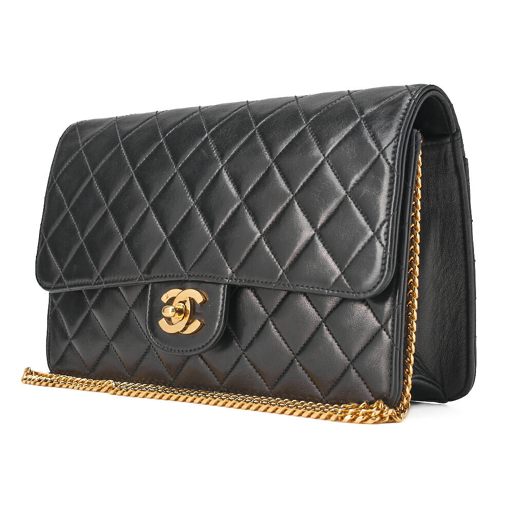 CHANEL Lambskin Matelasse 25cm Single Flap Grain Chain Shoulder Black Gold-Tone Hardware, Pre-Owned