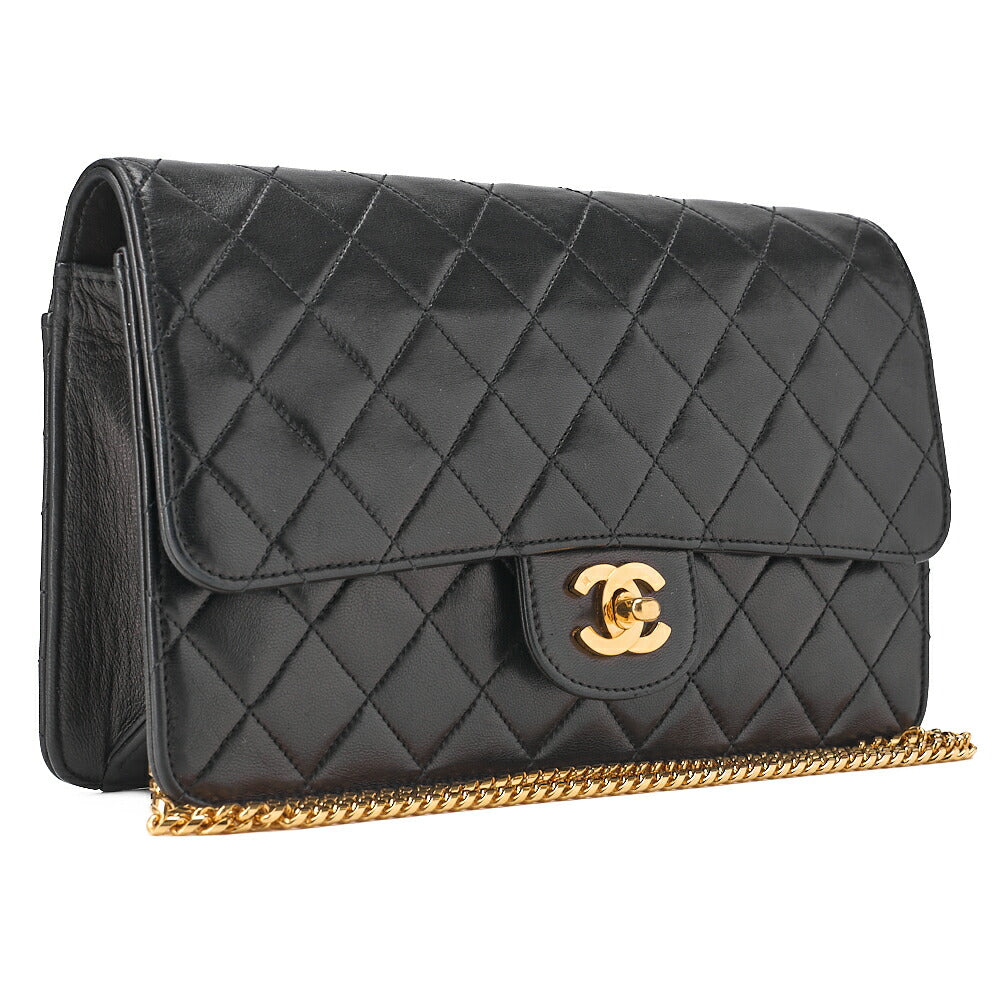 CHANEL Lambskin Matelasse 25cm Single Flap Grain Chain Shoulder Black Gold-Tone Hardware, Pre-Owned