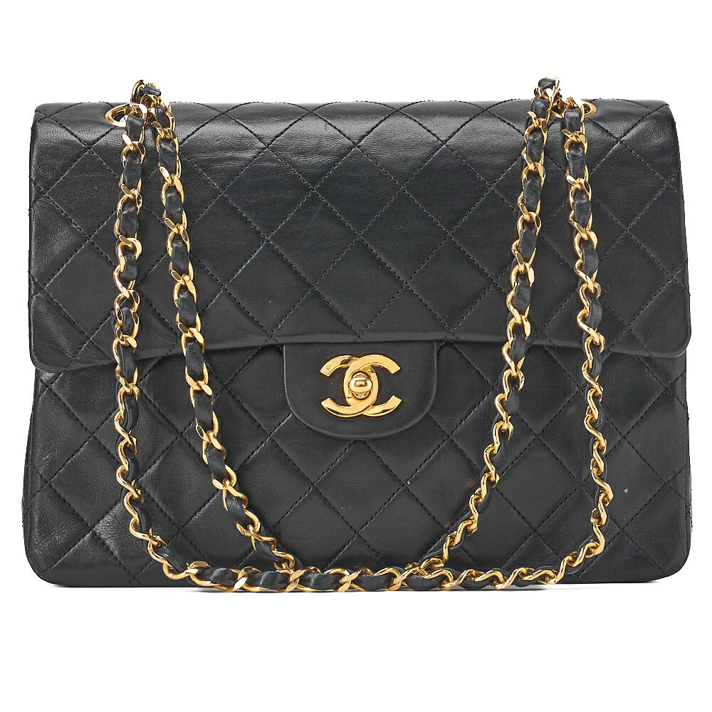 CHANEL Lambskin Matelasse 25cm Square Double Flap Chain Shoulder Black Gold-Tone Hardware, Pre-Owned