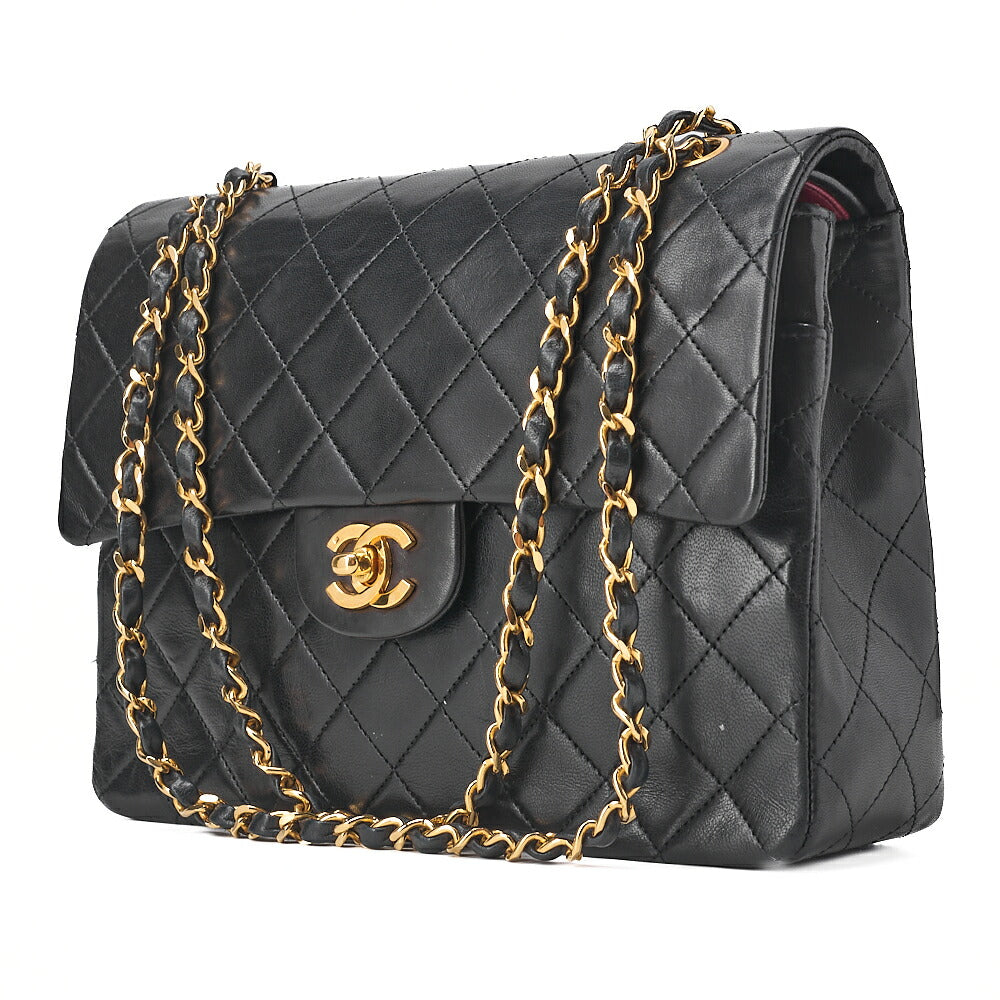 CHANEL Lambskin Matelasse 25cm Square Double Flap Chain Shoulder Black Gold-Tone Hardware, Pre-Owned