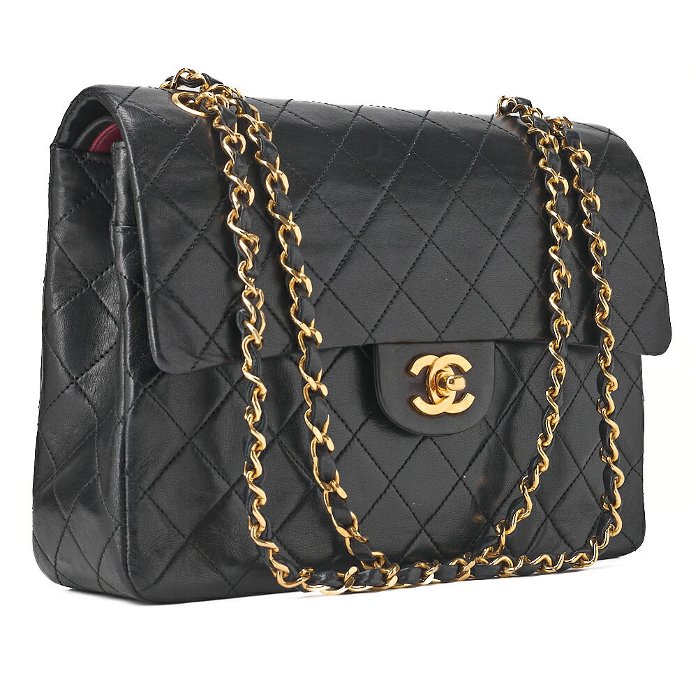 CHANEL Lambskin Matelasse 25cm Square Double Flap Chain Shoulder Black Gold-Tone Hardware, Pre-Owned