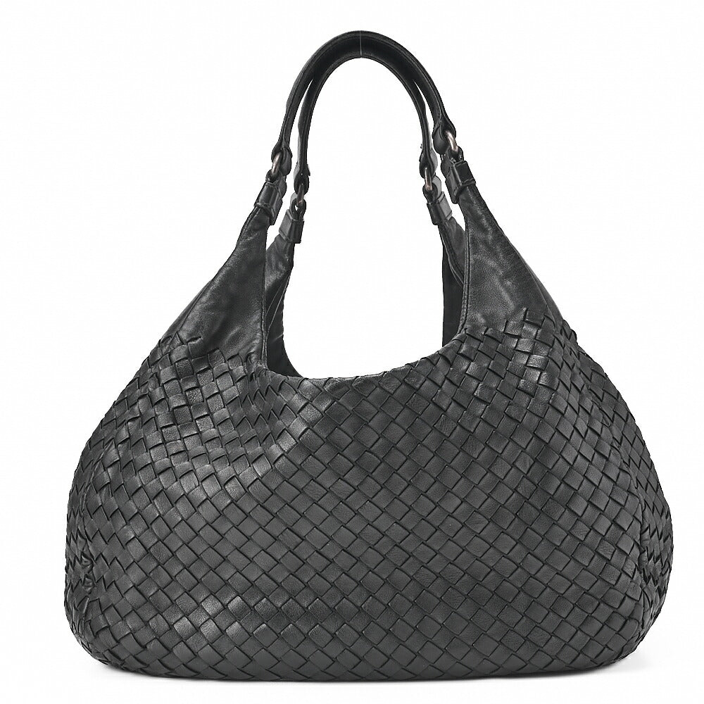 BOTTEGA VENETA Bottega Veneta Shoulder Bag Intrecciato Campana Lambskin Black Silver-Tone Hardware, Pre-Owned