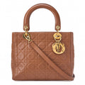 Dior Lady Dior Cannage Handbag 2way Shoulder Lambskin Brown Gold-Tone Hardware, Pre-Owned