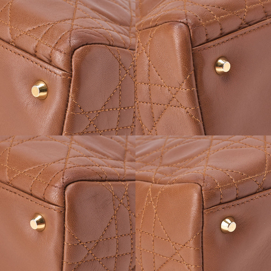 Dior Lady Dior Cannage Handbag 2way Shoulder Lambskin Brown Gold-Tone Hardware, Pre-Owned