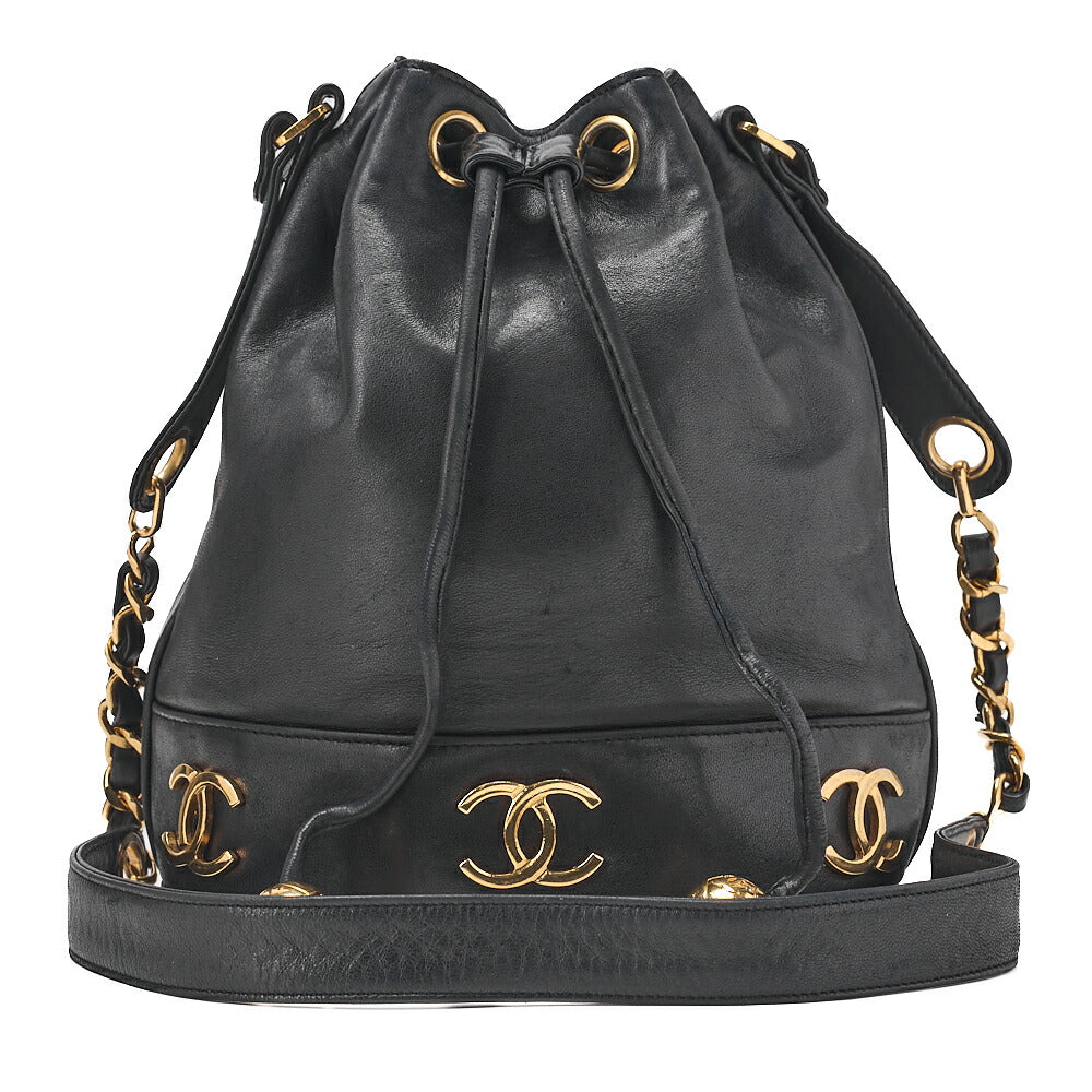 CHANEL Chain Shoulder Bag Triple Coco Lambskin Ball Charm Drawstring Black Gold-Tone Hardware, Pre-Owned