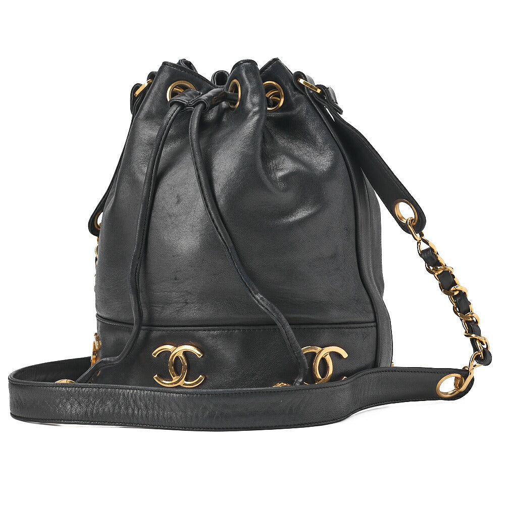 CHANEL Chain Shoulder Bag Triple Coco Lambskin Ball Charm Drawstring Black Gold-Tone Hardware, Pre-Owned