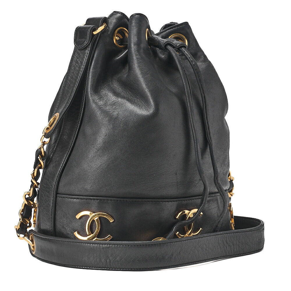 CHANEL Chain Shoulder Bag Triple Coco Lambskin Ball Charm Drawstring Black Gold-Tone Hardware, Pre-Owned