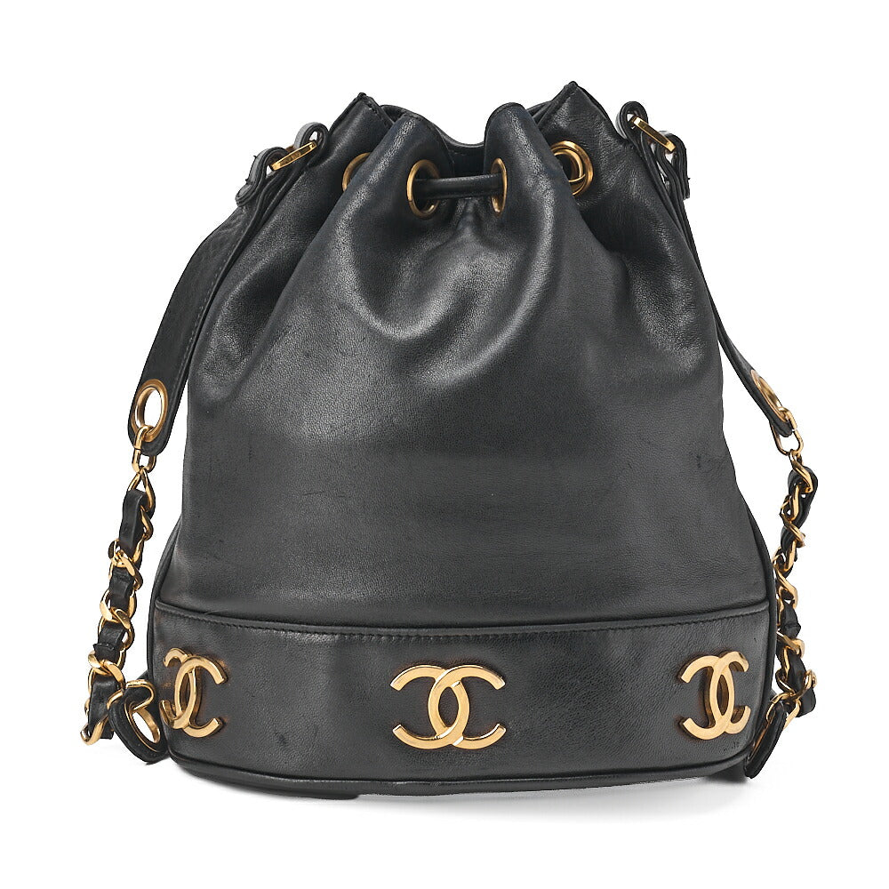CHANEL Chain Shoulder Bag Triple Coco Lambskin Ball Charm Drawstring Black Gold-Tone Hardware, Pre-Owned