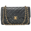 CHANEL Lambskin Matelasse  25cm Double Flap Chain Shoulder Black Gold-Tone Hardware, Pre-Owned