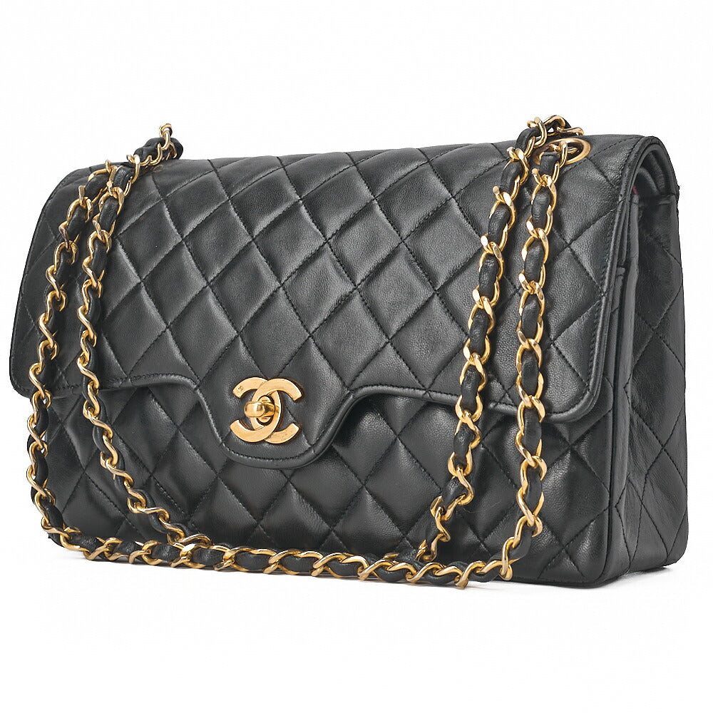 CHANEL Lambskin Matelasse  25cm Double Flap Chain Shoulder Black Gold-Tone Hardware, Pre-Owned