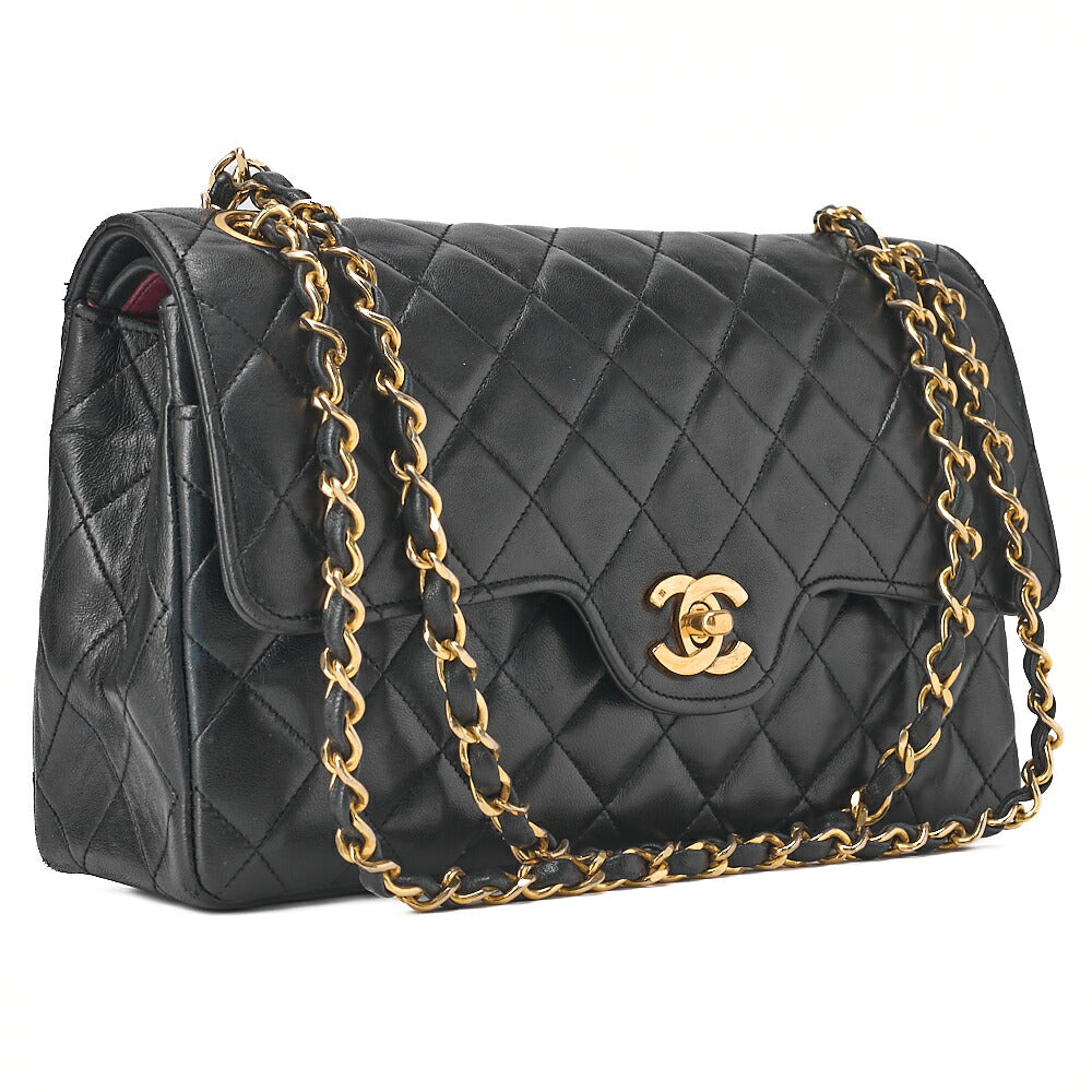 CHANEL Lambskin Matelasse  25cm Double Flap Chain Shoulder Black Gold-Tone Hardware, Pre-Owned