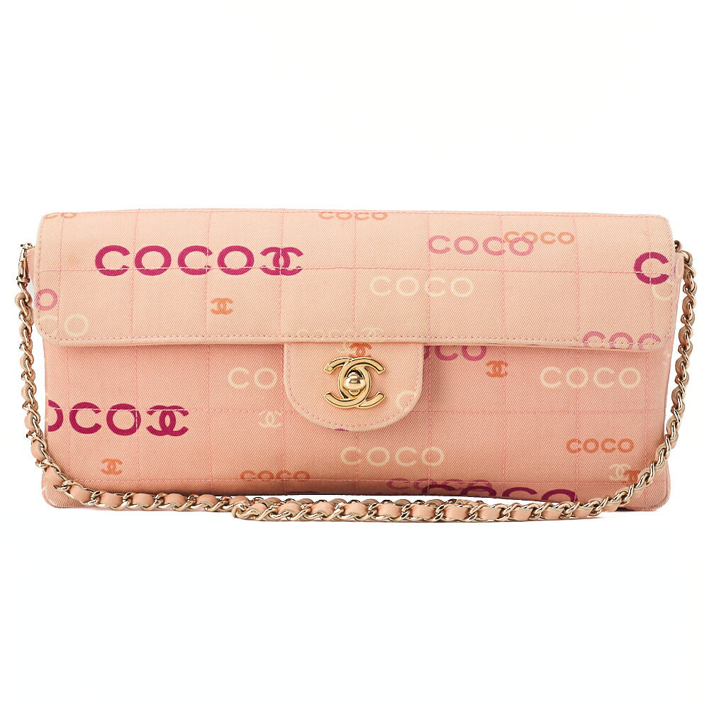 CHANEL Canvas Chocolate Bar Logo Print Chain Shoulder Salmon Pink Gold-Tone Hardware, Pre-Owned