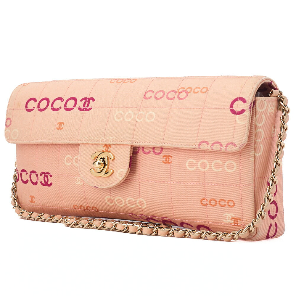 CHANEL Canvas Chocolate Bar Logo Print Chain Shoulder Salmon Pink Gold-Tone Hardware, Pre-Owned
