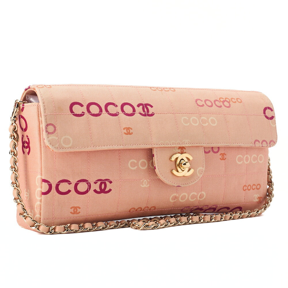 CHANEL Canvas Chocolate Bar Logo Print Chain Shoulder Salmon Pink Gold-Tone Hardware, Pre-Owned