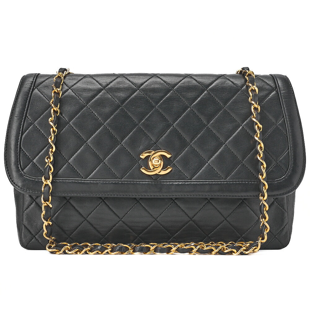 CHANEL Lambskin Matelasse Straight Flap 25cm Chain Shoulder Black Gold-Tone Hardware, Pre-Owned