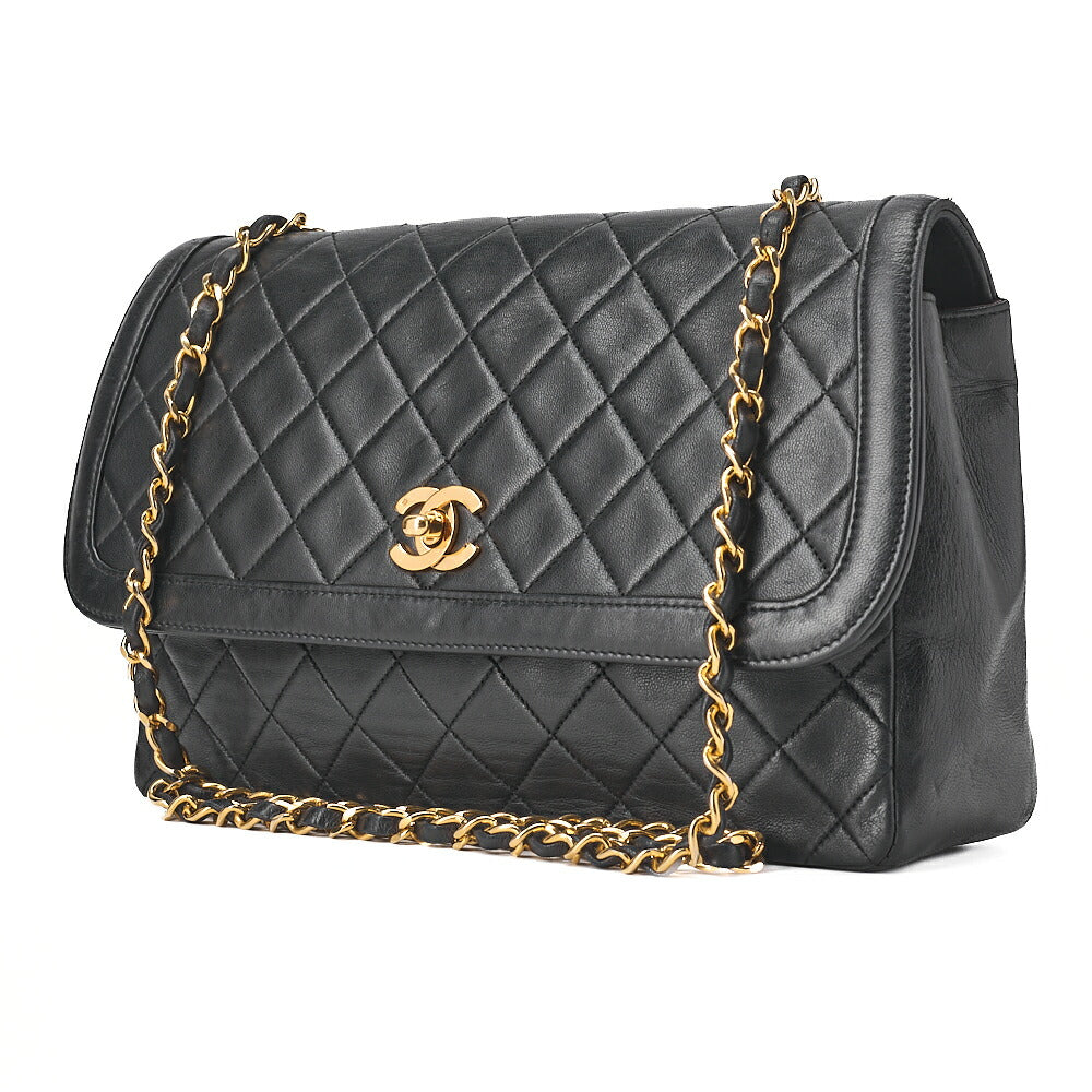 CHANEL Lambskin Matelasse Straight Flap 25cm Chain Shoulder Black Gold-Tone Hardware, Pre-Owned
