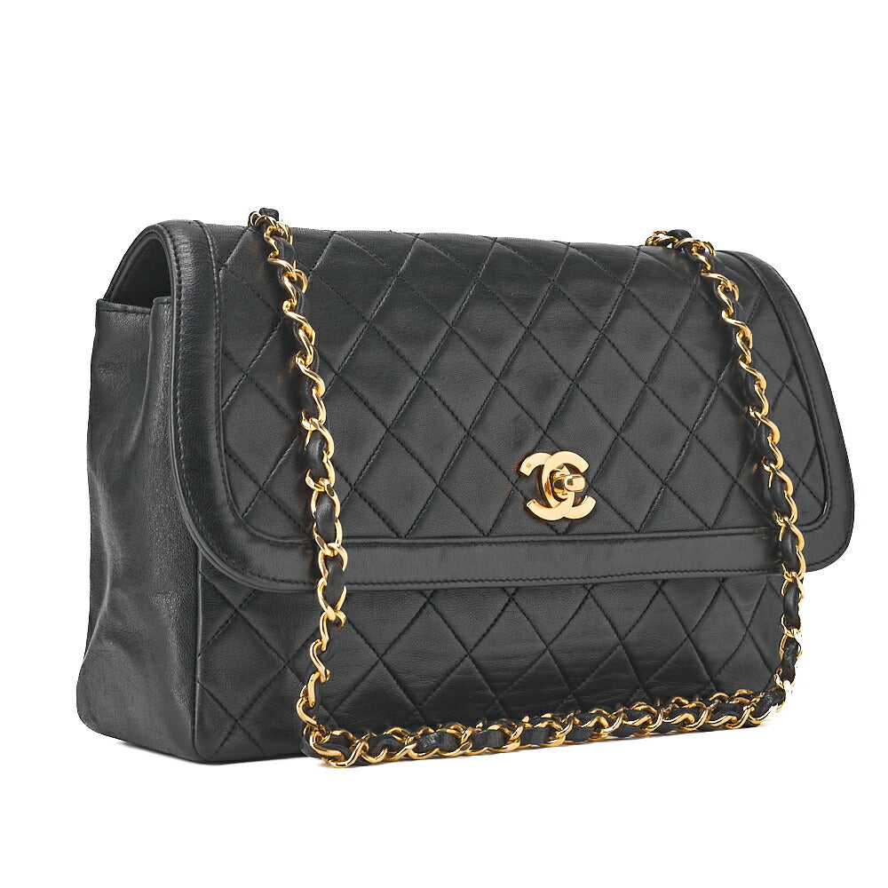CHANEL Lambskin Matelasse Straight Flap 25cm Chain Shoulder Black Gold-Tone Hardware, Pre-Owned