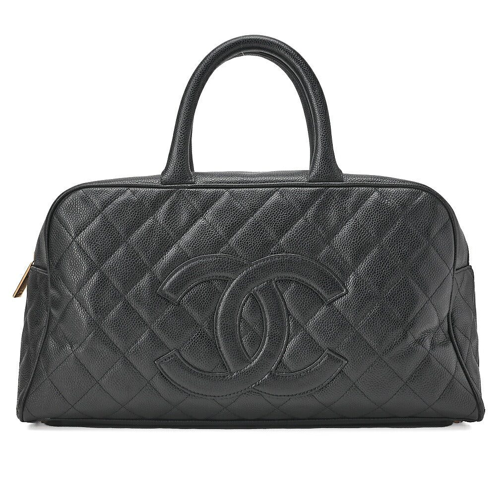 CHANEL Handbag Boston Bag Caviar Skin Matlasse Coco Mark Black Gold-Tone Hardware, Pre-Owned