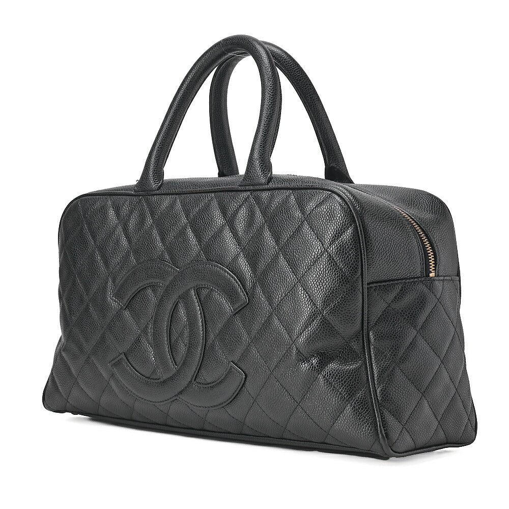 CHANEL Handbag Boston Bag Caviar Skin Matlasse Coco Mark Black Gold-Tone Hardware, Pre-Owned