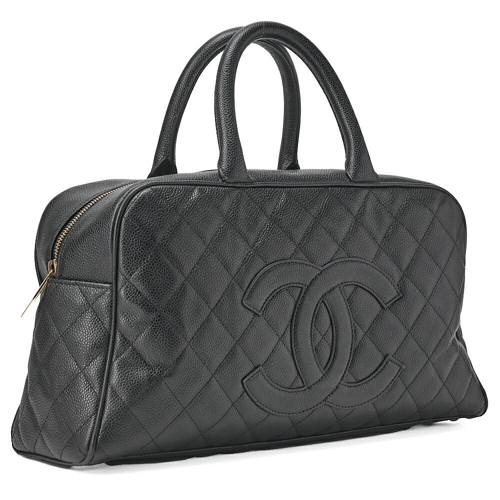 CHANEL Handbag Boston Bag Caviar Skin Matlasse Coco Mark Black Gold-Tone Hardware, Pre-Owned