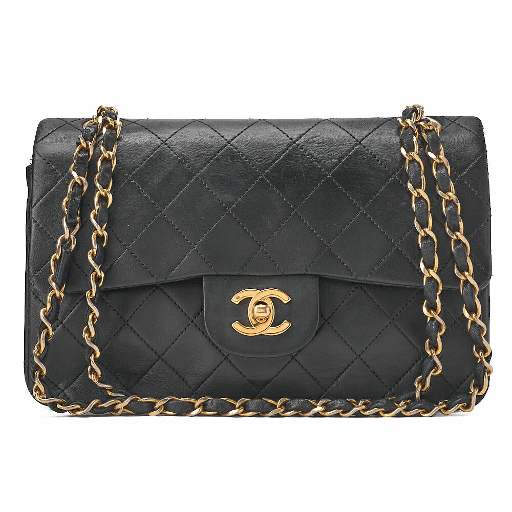 CHANEL Chain Shoulder Bag Matelasse 23cm Double Flap Lambskin Black Gold-Tone Hardware, Pre-Owned