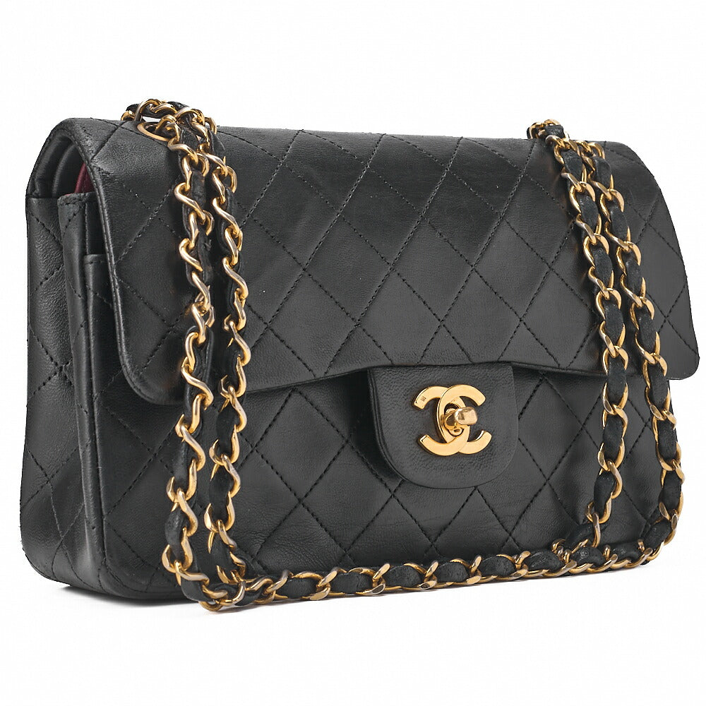 CHANEL Chain Shoulder Bag Matelasse 23cm Double Flap Lambskin Black Gold-Tone Hardware, Pre-Owned