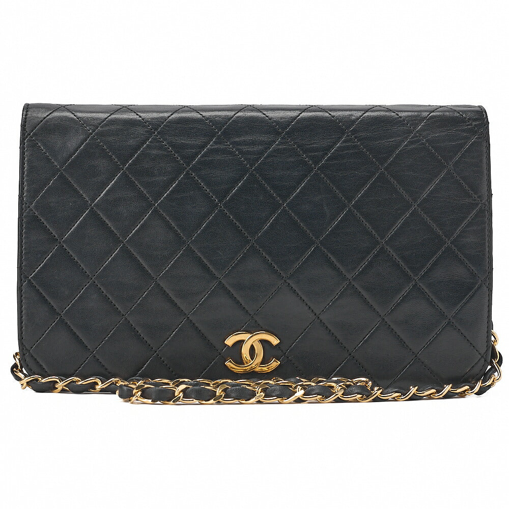 CHANEL Lambskin Matelasse Full Flap 23cm Push Lock Chain Shoulder Black Gold-Tone Hardware, Pre-Owned
