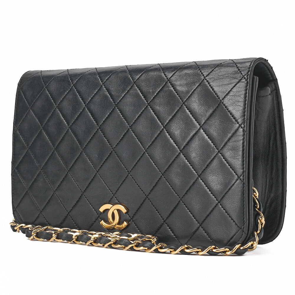 CHANEL Lambskin Matelasse Full Flap 23cm Push Lock Chain Shoulder Black Gold-Tone Hardware, Pre-Owned