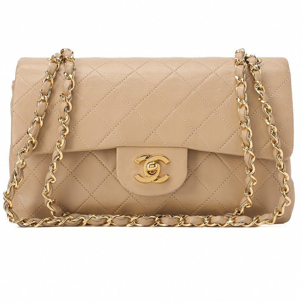 CHANEL Chain Shoulder Bag Matelasse 23cm Double Flap Lambskin Beige Gold -Tone Hardware, Pre-Owned