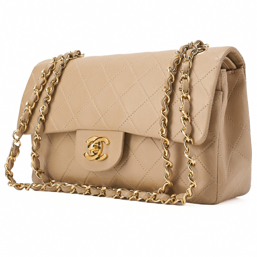 CHANEL Chain Shoulder Bag Matelasse 23cm Double Flap Lambskin Beige Gold -Tone Hardware, Pre-Owned