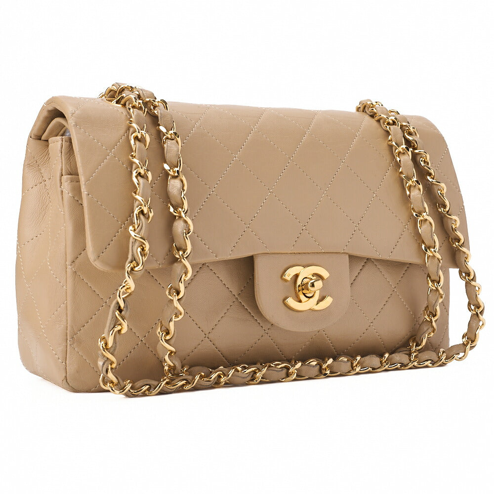CHANEL Chain Shoulder Bag Matelasse 23cm Double Flap Lambskin Beige Gold -Tone Hardware, Pre-Owned