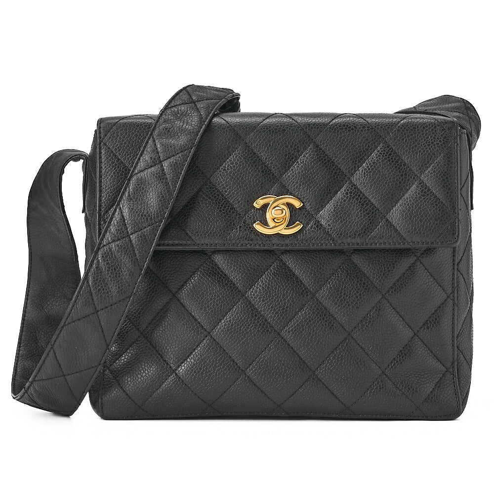 CHANEL Matelasse Straight Flap Turnlock Shoulder Caviar Skin Black Gold-Tone Hardware, Pre-Owned
