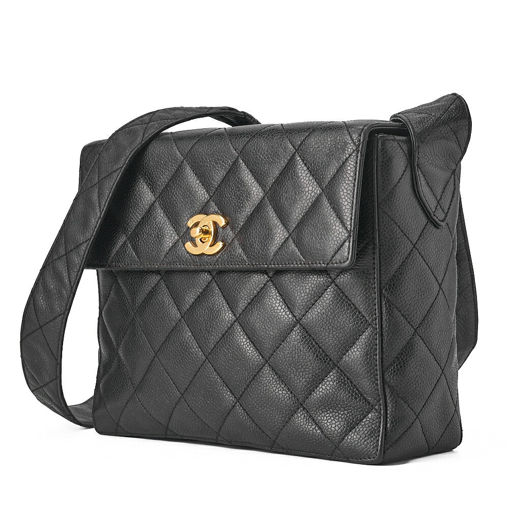 CHANEL Matelasse Straight Flap Turnlock Shoulder Caviar Skin Black Gold-Tone Hardware, Pre-Owned