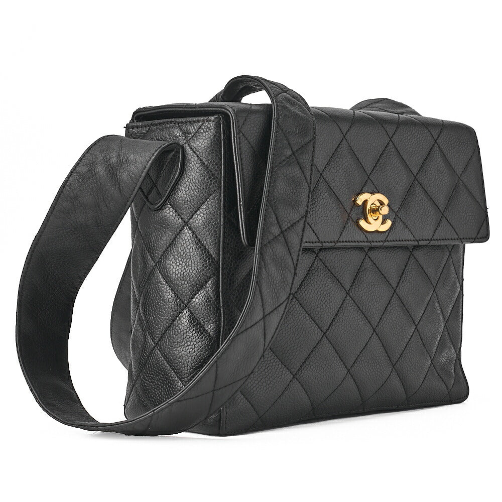 CHANEL Matelasse Straight Flap Turnlock Shoulder Caviar Skin Black Gold-Tone Hardware, Pre-Owned
