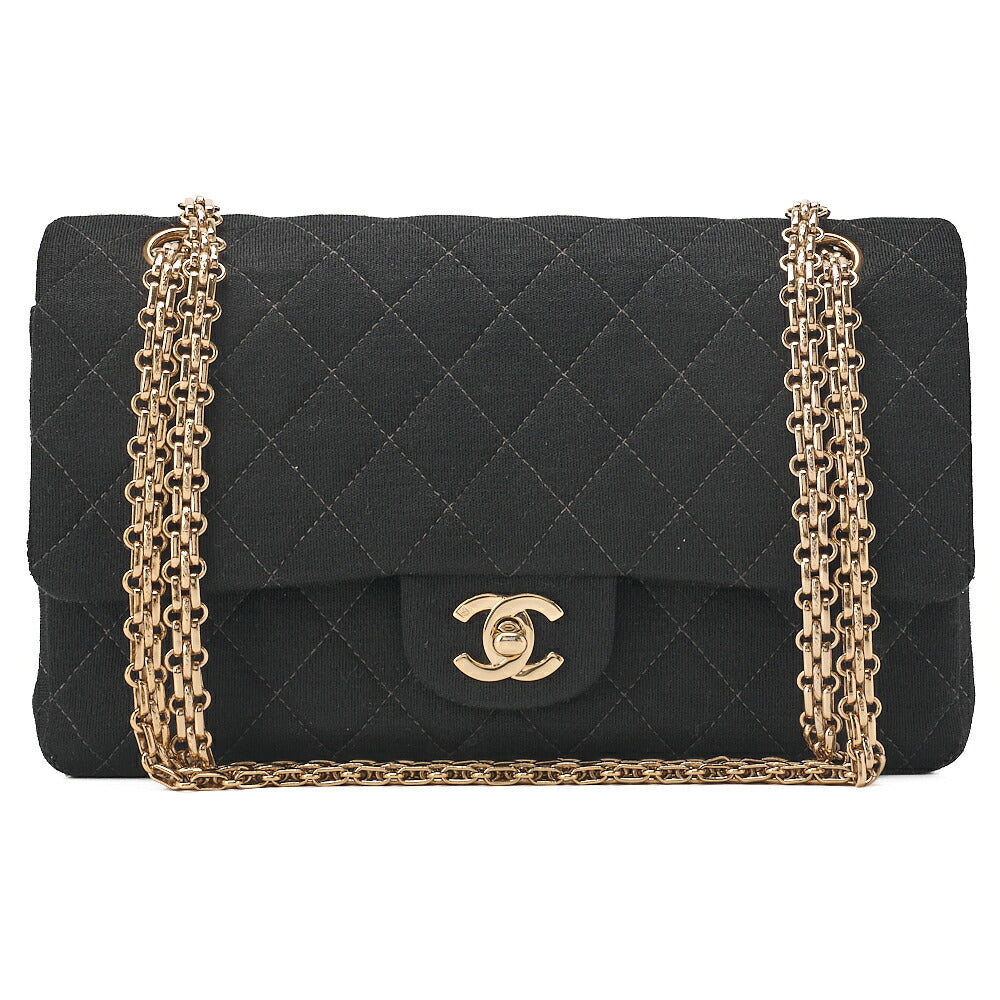 CHANEL Chain Shoulder Bag Matelasse Double Flap Cotton Black Champagne Gold-Tone Hardware, Pre-Owned