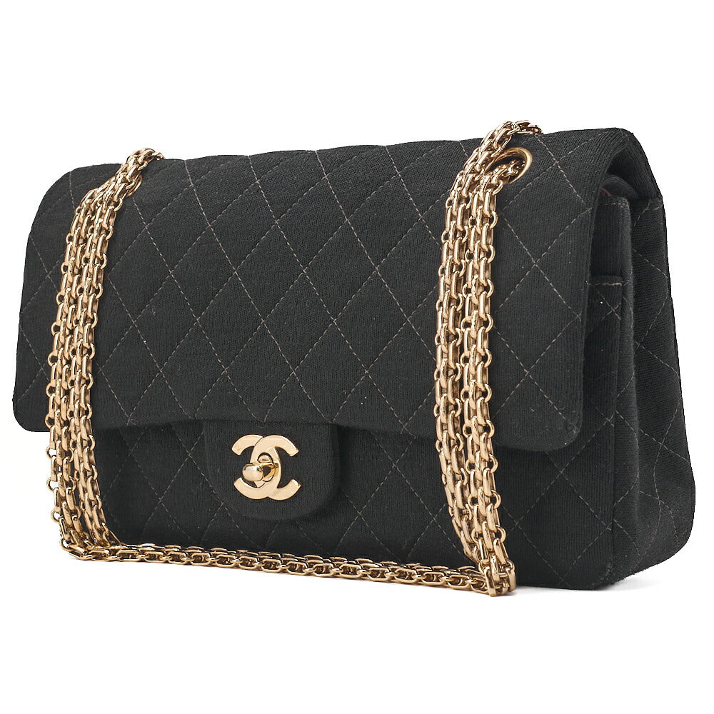 CHANEL Chain Shoulder Bag Matelasse Double Flap Cotton Black Champagne Gold-Tone Hardware, Pre-Owned