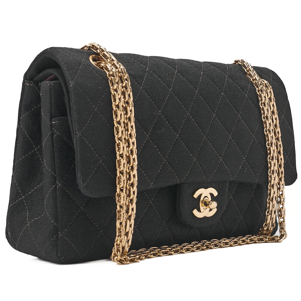 CHANEL Chain Shoulder Bag Matelasse Double Flap Cotton Black Champagne Gold-Tone Hardware, Pre-Owned