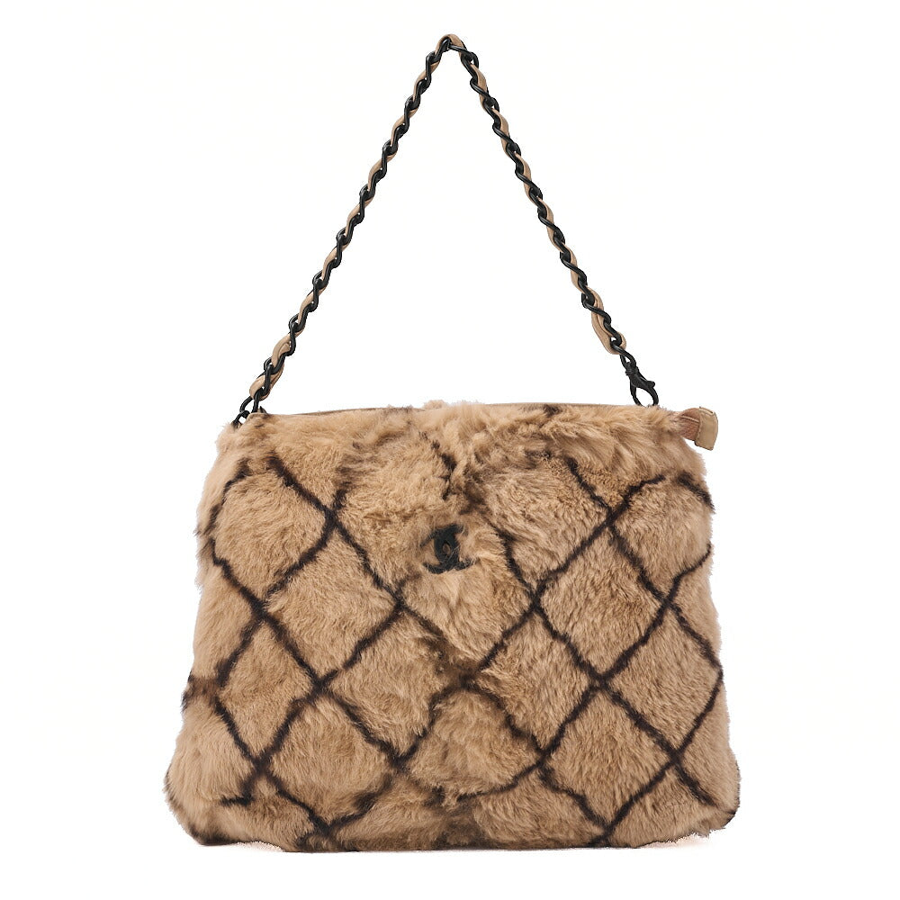 CHANEL Shoulder Bag Matrasse Coco Mark Fur Chain Shoulder Bag Beige x Black Black-Tone Hardware, Pre-Owned