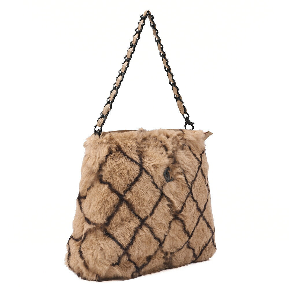 CHANEL Shoulder Bag Matrasse Coco Mark Fur Chain Shoulder Bag Beige x Black Black-Tone Hardware, Pre-Owned