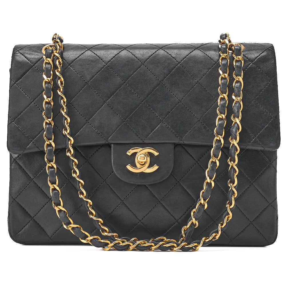 CHANEL Lambskin Matrasse 25cm Square Double Flap Chain Shoulder Black Gold-Tone Hardware, Pre-Owned