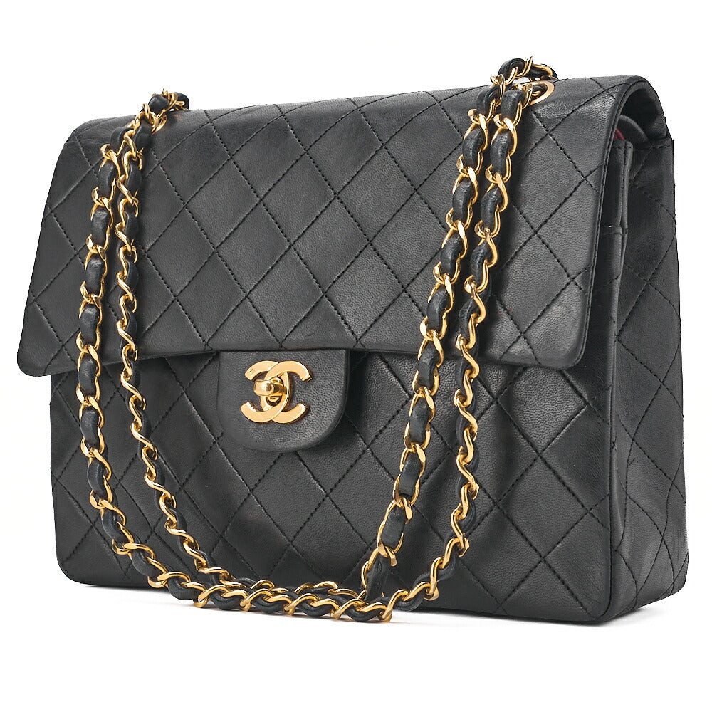 CHANEL Lambskin Matrasse 25cm Square Double Flap Chain Shoulder Black Gold-Tone Hardware, Pre-Owned