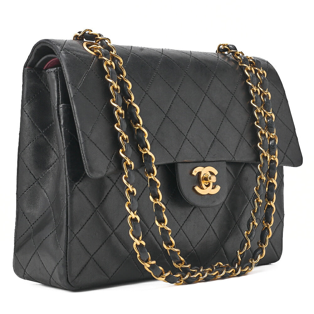 CHANEL Lambskin Matrasse 25cm Square Double Flap Chain Shoulder Black Gold-Tone Hardware, Pre-Owned
