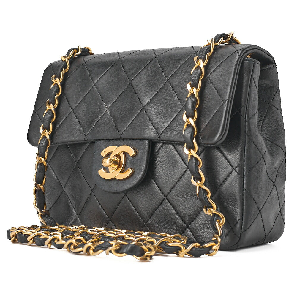 CHANEL Chain Shoulder Bag Mini Matelasse 17cm Lambskin Black Gold-Tone Hardware, Pre-Owned