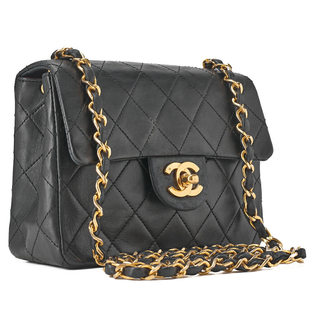 CHANEL Chain Shoulder Bag Mini Matelasse 17cm Lambskin Black Gold-Tone Hardware, Pre-Owned