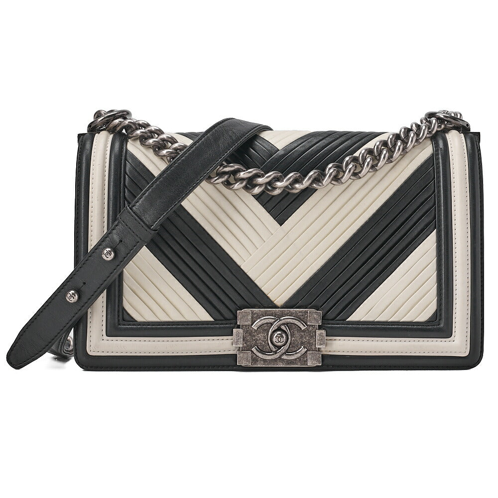CHANEL Chevron Boy Chanel V-Stitch Chain Shoulder Black X White Silver -Tone Hardware, Pre-Owned