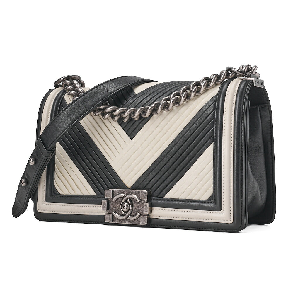 CHANEL Chevron Boy Chanel V-Stitch Chain Shoulder Black X White Silver -Tone Hardware, Pre-Owned