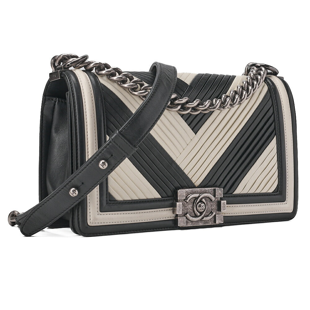 CHANEL Chevron Boy Chanel V-Stitch Chain Shoulder Black X White Silver -Tone Hardware, Pre-Owned