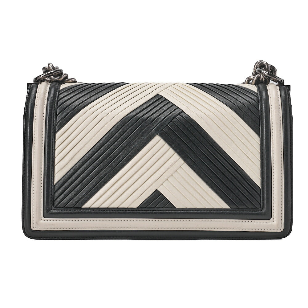 CHANEL Chevron Boy Chanel V-Stitch Chain Shoulder Black X White Silver -Tone Hardware, Pre-Owned